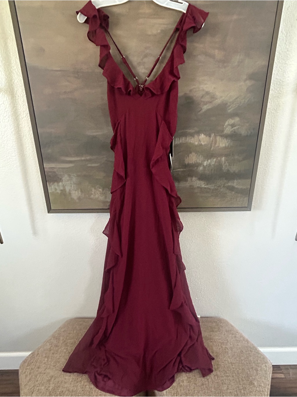 Nwt Lulus Wine Red Ruffled Lace-Up Sleeveless Maxi Dress